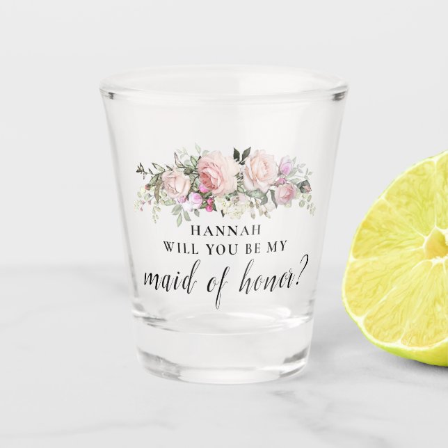 Pink Floral Maid of Honour Proposal Shot Glass (Front)