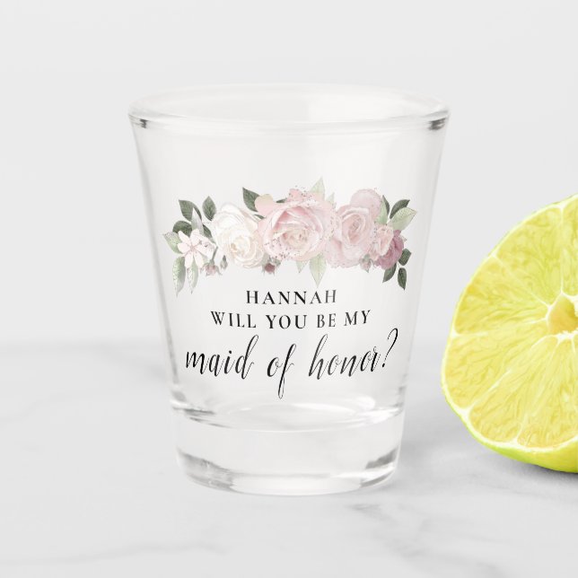 Pink Floral Maid of Honour Proposal Shot Glass (Front)