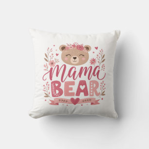 Pink Floral Mama Bear Botanical Illustration Cushion