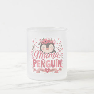 Pink Floral Mama Penguin Motherhood Illustration Frosted Glass Coffee Mug