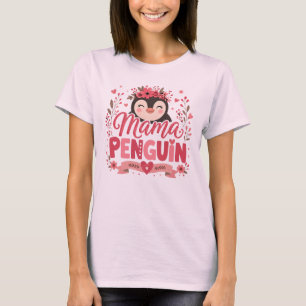 Pink Floral Mama Penguin Motherhood Illustration T-Shirt