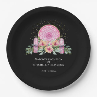 Pink Floral Mandala Crystals Metaphysical Wedding Paper Plate