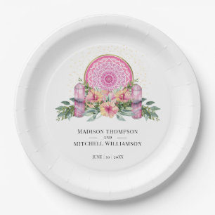 Pink Floral Mandala Crystals Metaphysical Wedding Paper Plate