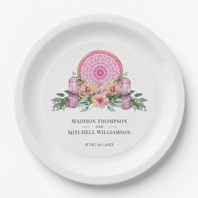 Pink Floral Mandala Crystals Metaphysical Wedding Paper Plate (Front)