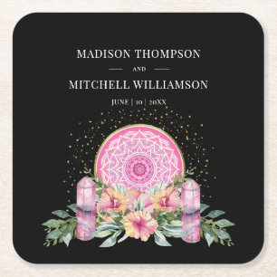 Pink Floral Mandala Crystals Metaphysical Wedding Square Paper Coaster