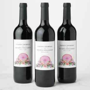 Pink Floral Mandala Crystals Metaphysical Wedding Wine Label