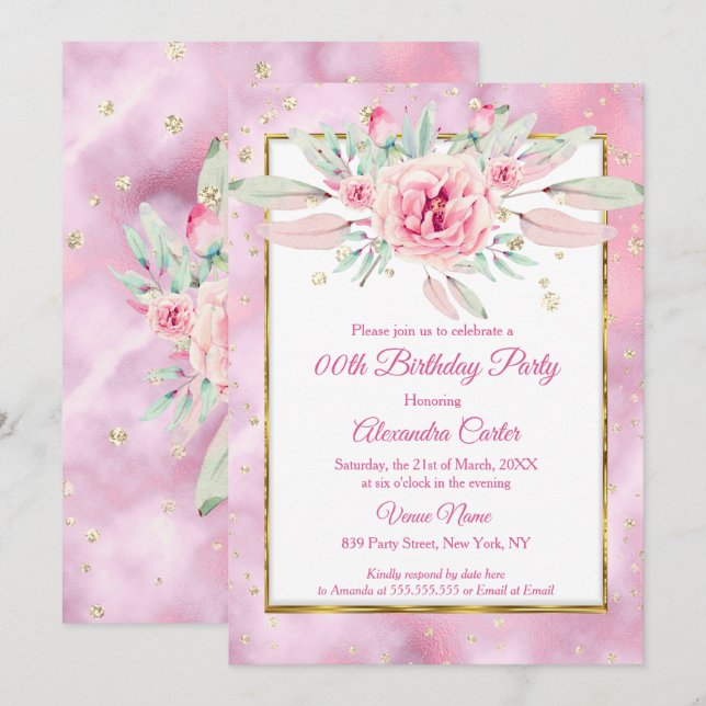 Pink Floral marble Glitter gold Birthday Party Invitation (Front/Back)