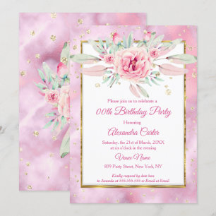 Pink Floral marble Glitter gold Birthday Party Invitation