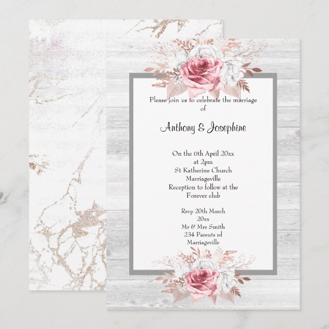 Pink Floral Marble Rustic WEDDING Invitation (Front/Back)