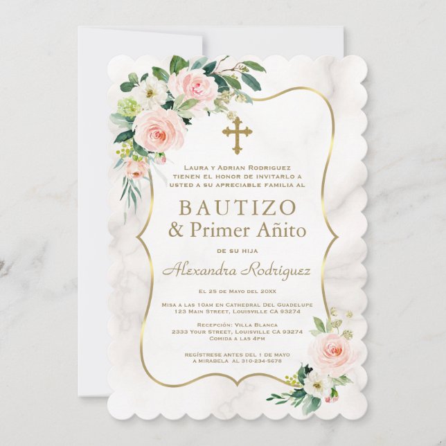 Pink Floral Marble Spanish 1st Birthday Baptism Invitation (Front)