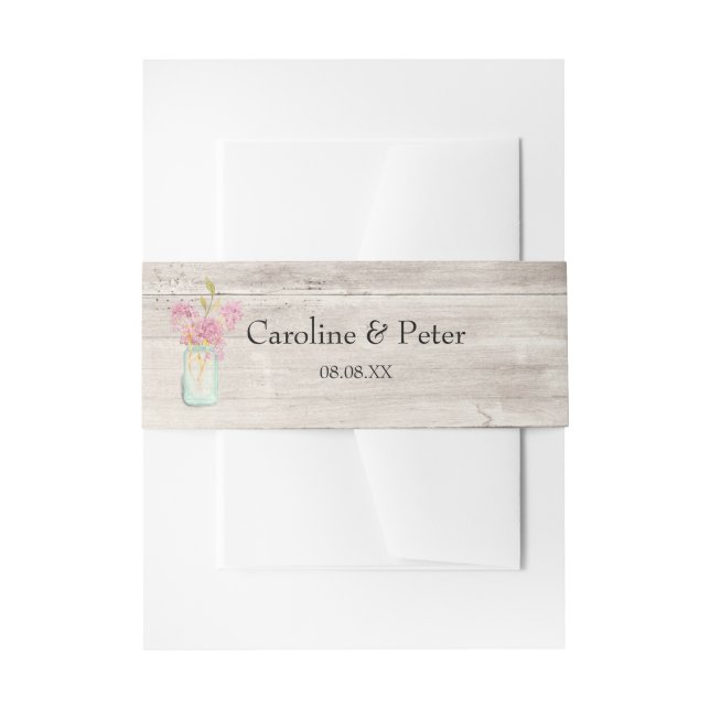 Pink Floral Mason Jar Barn Wood Invitation Belly Band (Front Example)