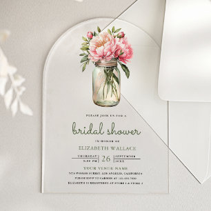 Pink Floral Mason Jar Bridal Shower Acrylic Invitations