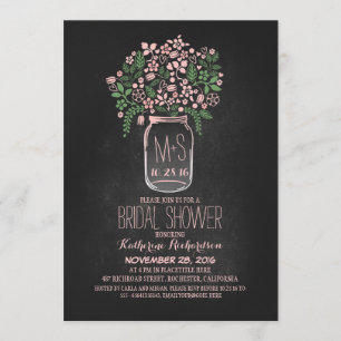 pink floral mason jar chalkboard bridal shower invitation