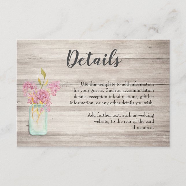 Pink Floral Mason Jar Rustic Wedding Details Card (Front)