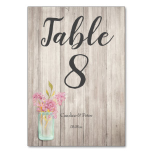 Pink Floral Mason Jar Rustic  Wedding Table Number