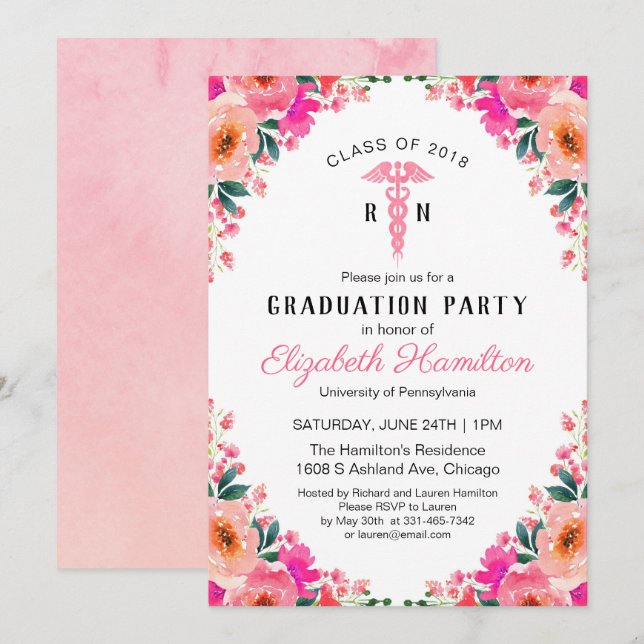 Pink Floral Medical Nursing School Graduation Invitation (Front/Back)