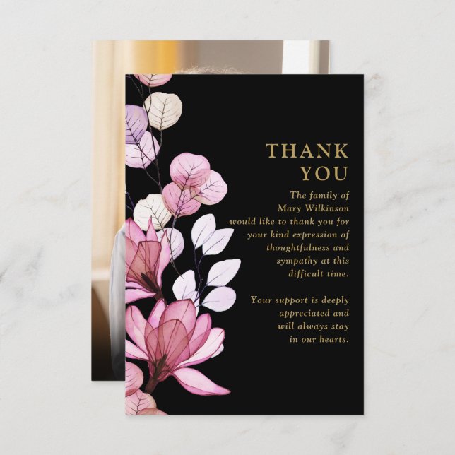 Pink Floral Memorial Celebration Of Life Photo Thank You Card (Front/Back)