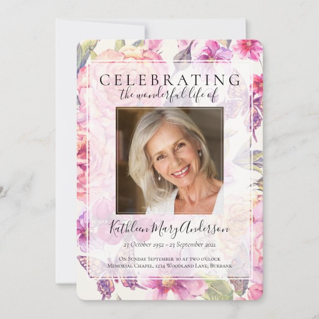 Pink Floral Memorial Service Invitation (Front)