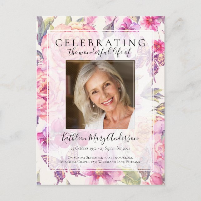 Pink Floral Memorial Service Invitation Postcard (Front)