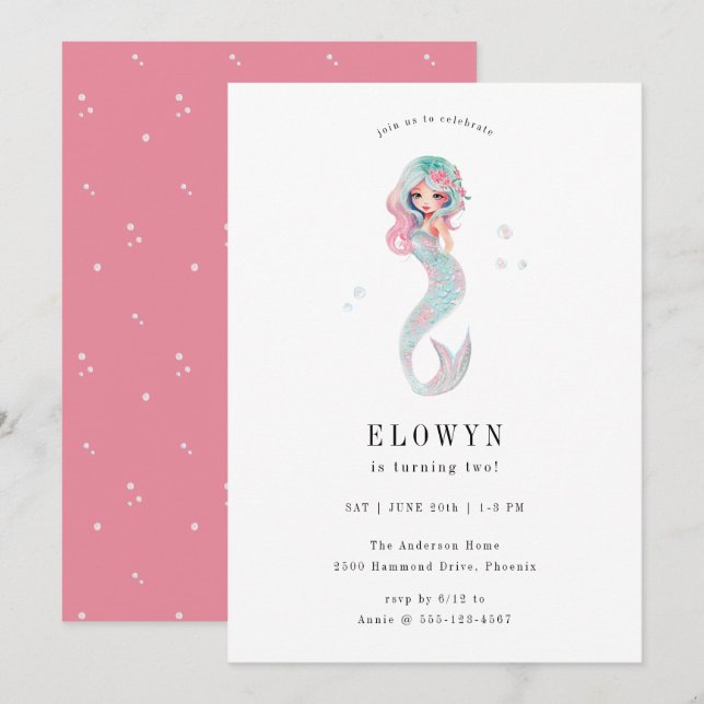 Pink Floral Mermaid Birthday Party Invitation (Front/Back)
