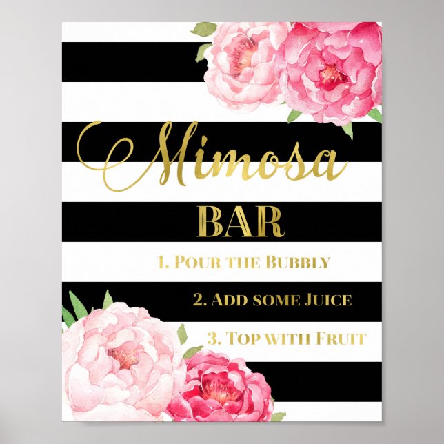 Pink Floral Mimosa Bar Sign Gold Black Stripes (Front)