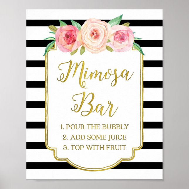 Pink Floral Mimosa Bar Sign Gold Black Stripes (Front)