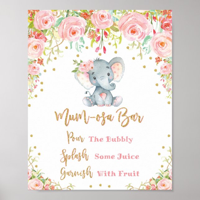 Pink Floral Mimosa Mumosa Bar Sign Baby Shower (Front)
