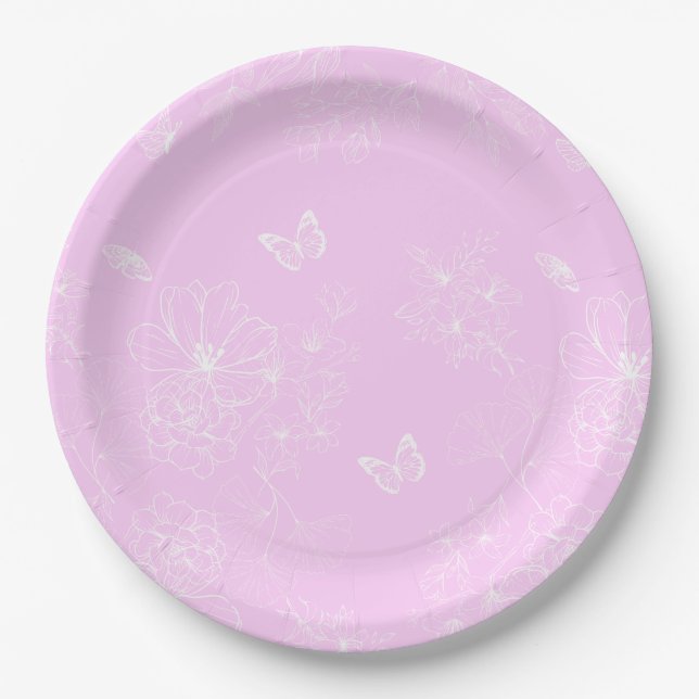 Pink Floral Minimalist Pattern Modern Abstract Paper Plate (Front)