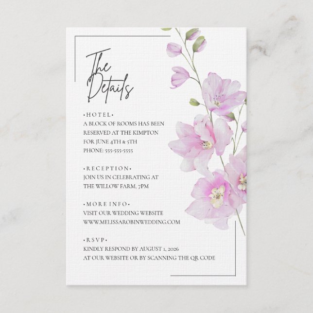 Pink Floral Minimalist Wedding Enclosure Card  (Front)