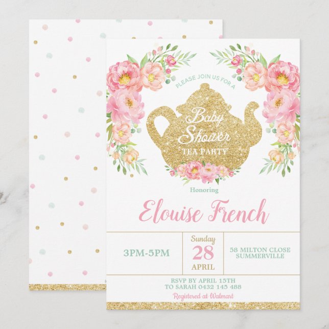 Pink Floral Mint Baby Shower High Tea Party Baby Invitation (Front/Back)