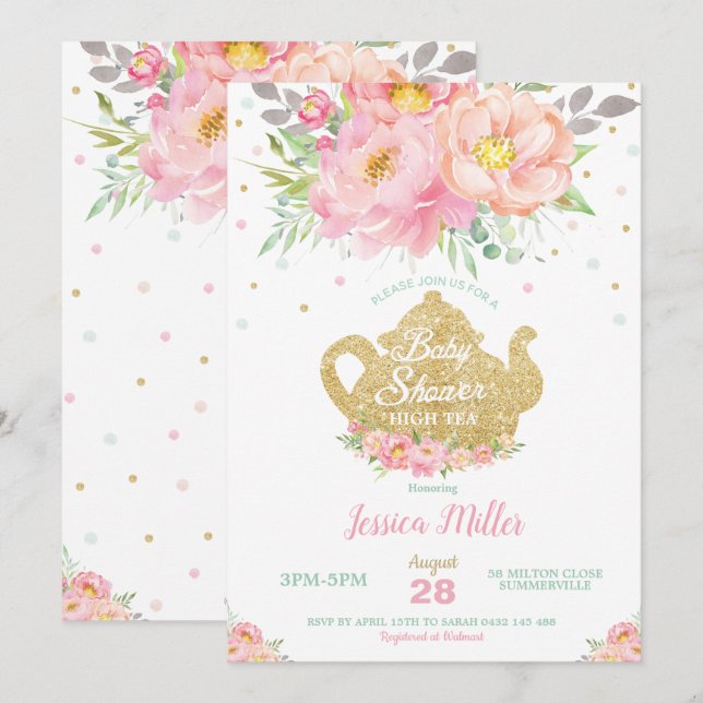 Pink Floral Mint Baby Shower High Tea Party Girl Invitation (Front/Back)