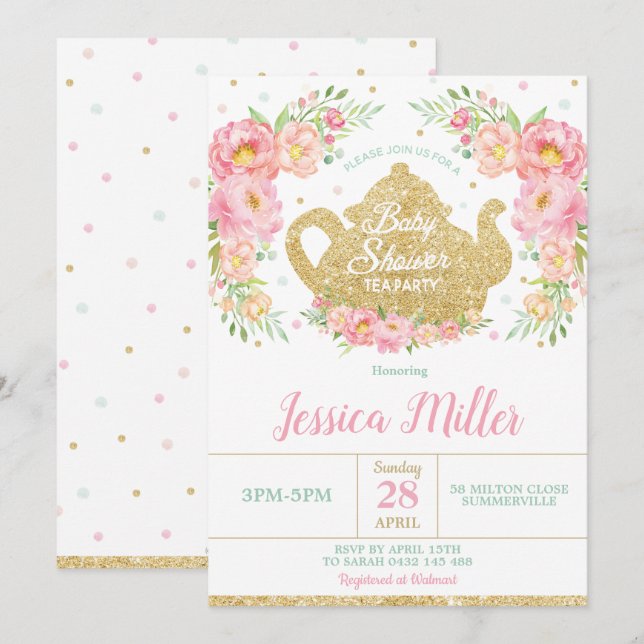 Pink Floral Mint Baby Shower Tea Party Baby Girl Invitation (Front/Back)
