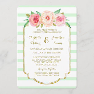 Pink Floral Mint Stripes Gold Wedding Invitations