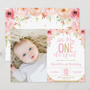 Pink Floral Miss Onederful 1st Birthday Photo Invitation