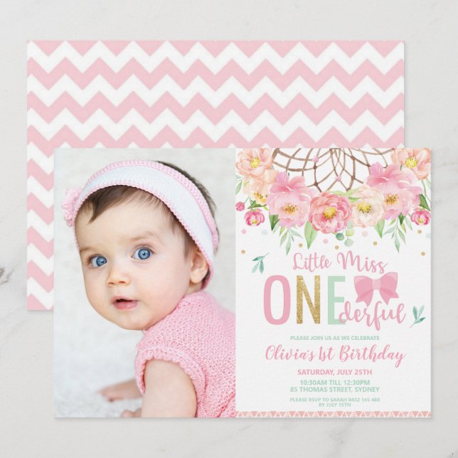 Pink Floral Miss Onederful 1st Birthday Photo Invitation (Front/Back)