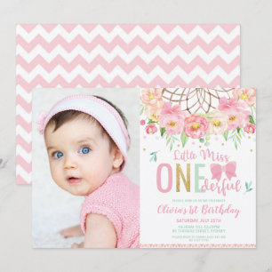 Pink Floral Miss Onederful 1st Birthday Photo Invitation