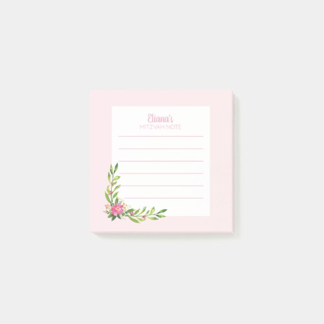 Pink Floral Mitzvah Note: 3x3 Sticky Pad Post-it N Post-it Notes (Front)