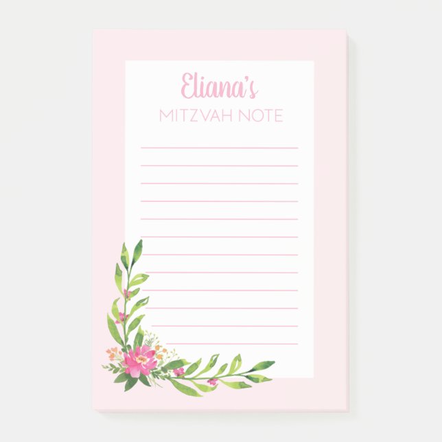 Pink Floral Mitzvah Note: 4x6 Sticky Pad Post-it Notes (Front)