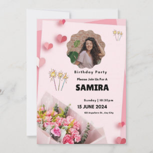Pink Floral Modern Birthday Invitation