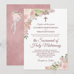 Pink Floral Modern Catholic QR Code Wedding Invitation