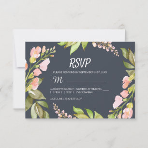 Pink Floral Modern Dark Blue Wedding RSVP Card