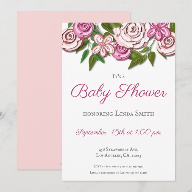 Pink Floral Modern Illustrated Girl Baby Shower Invitation (Front/Back)