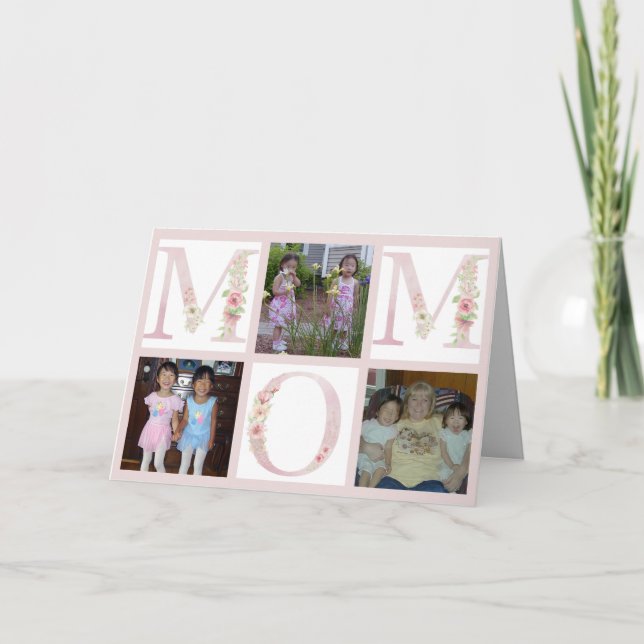 Pink Floral MOM Photo Collage Happy Mothers Day  Card (Front)