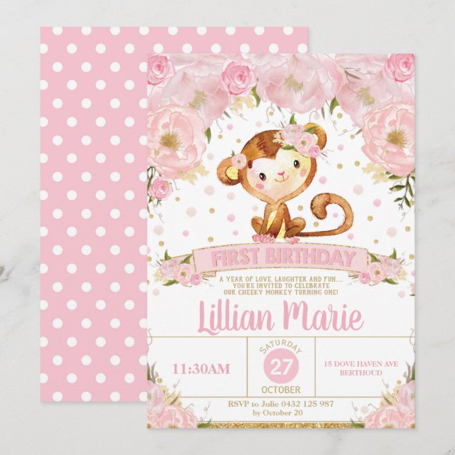 Pink Floral Monkey 1st Birthday Invitation Girl (Front/Back)