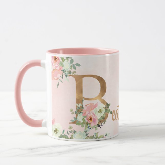 Pink floral monogram B watercolor with Name Mug (Left)