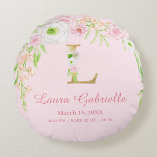 Pink Floral Monogram Baby Girl Stats Round Cushion
