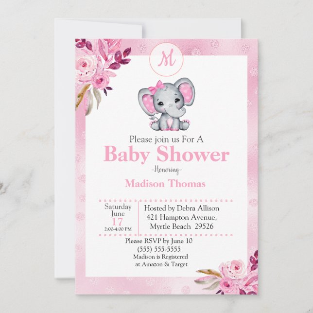 Pink Floral Monogram Elephant  Baby Shower Invitation (Front)