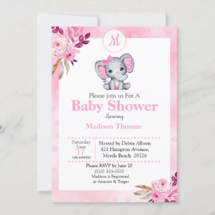 Pink Floral Monogram Elephant  Baby Shower Invitation