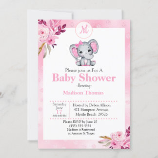 Pink Floral Monogram Elephant Baby Shower Invitation