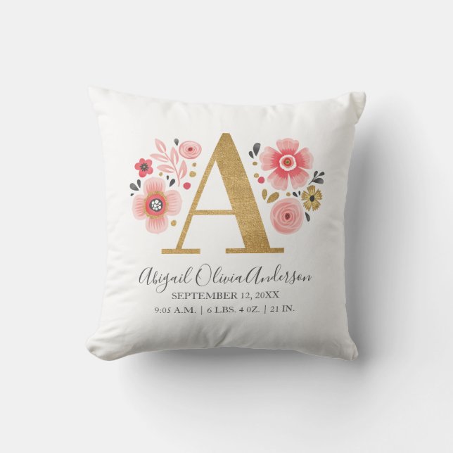 Pink Floral Monogram Initial Letter A Birth Stats Cushion (Front)